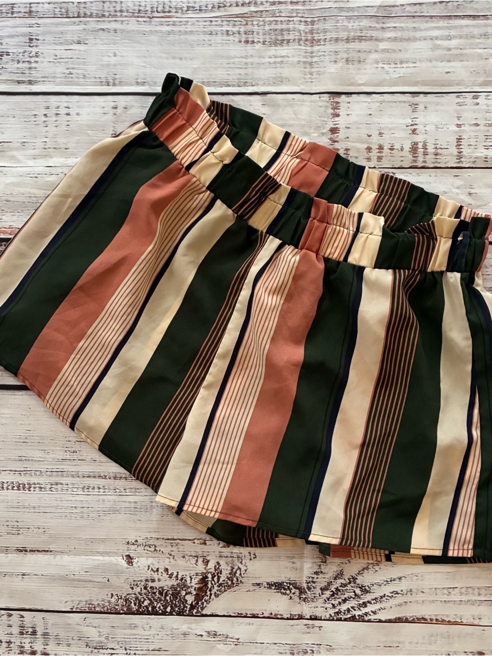 Striped Elastic-Waist Boho Shorts in Green, Rust & Cream